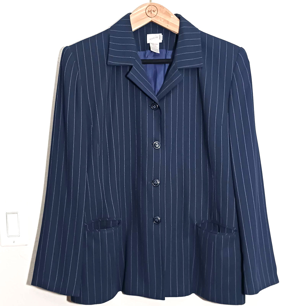 Jacqueline Ferrar Women's Formal Career Striped W/Pockets Navy Blue Sz 10 Blazer